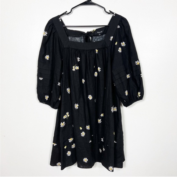 NWOT Madewell Square-Neck Pleat-Detail Black Mini Dress in Lazy Daisies XXS - Picture 5 of 11